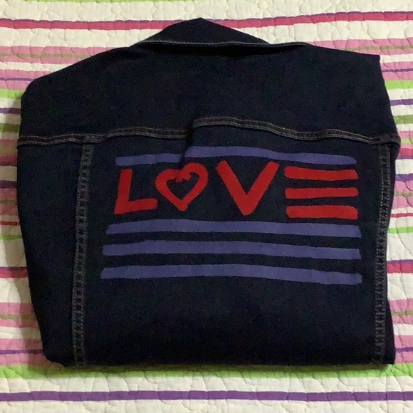 Women's Dark Wash Denim Jacket with Love Flag - Picture 3 of 5